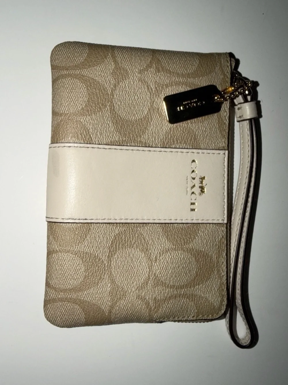 Coach Beige Signature Canvas Wristlet with Cream Center Stripe